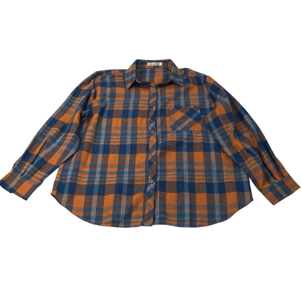 Z Avenue USA Women's L Flannel Plaid‎ Button-Up Shirt Orange Blue Cotton Fall